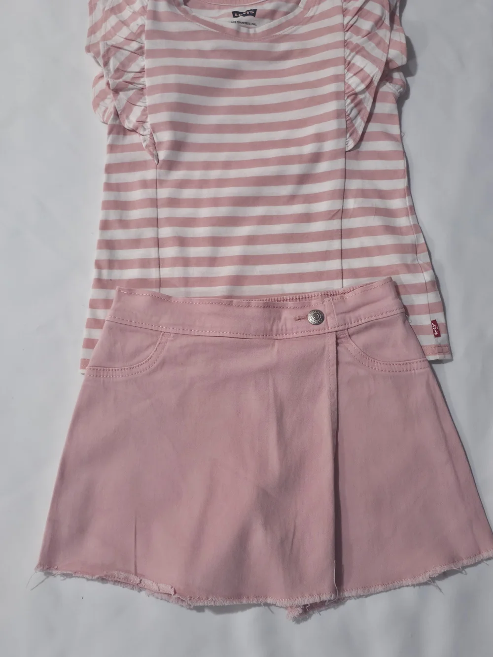 Girls Levi’s Pink Striped Ruffle Top & Pink Skirt Outfit.